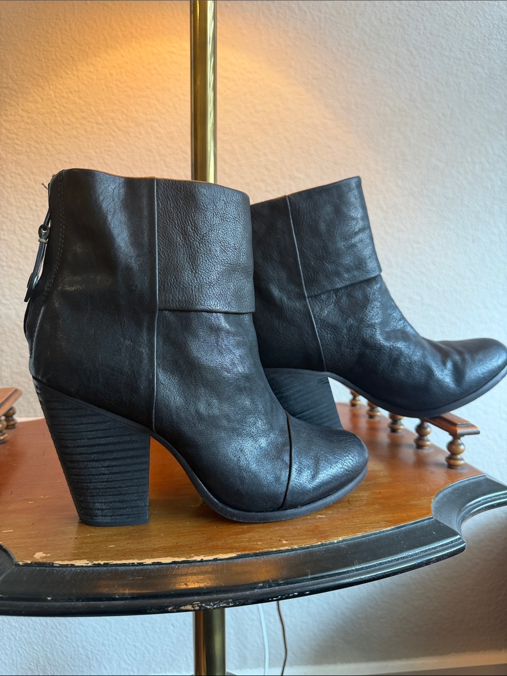 Black Leather Ankle Booties with Stacked Heel